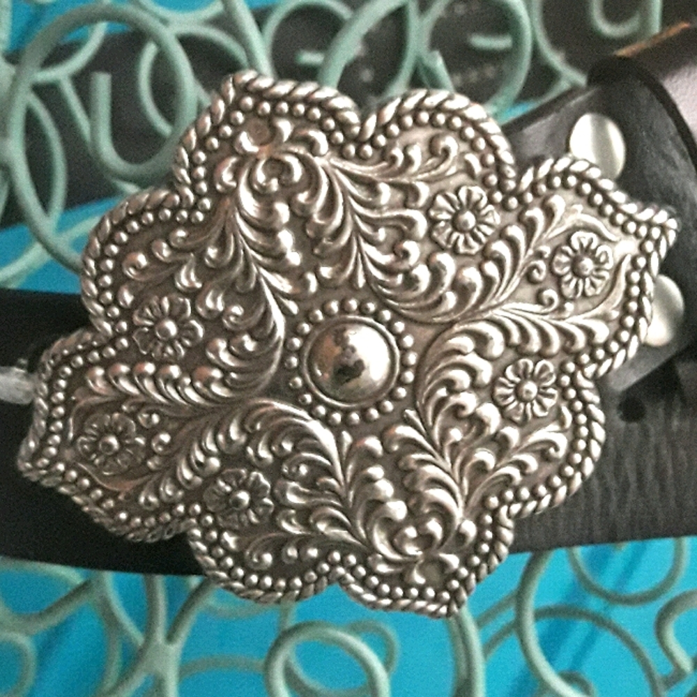 Genuine Leather Belt Buckle Metal Studded Rivets Micro Crystals Black